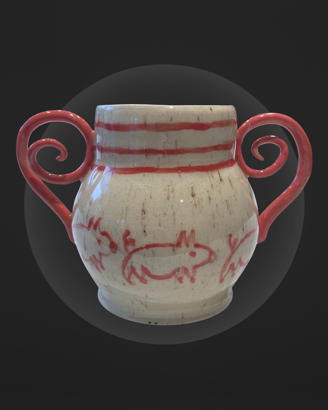 Piggy Bank with Ornate Handles and Primitive Pigs